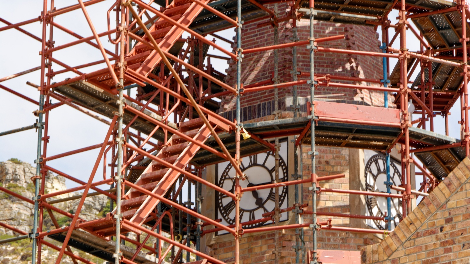 Scaffolding setup around a steeple during church renovation in Atlanta, GA.
